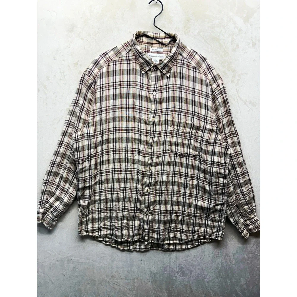 Vintage Banana Republic Irish Linen Shirt Men's XL Plaid Button Up Long Sleeve